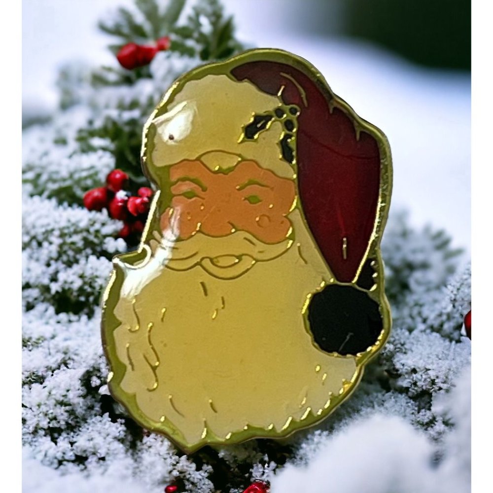 Vintage Christmas Pin Santa Claus Face Brooch Jolly Santa Head Enamel Gold Tone